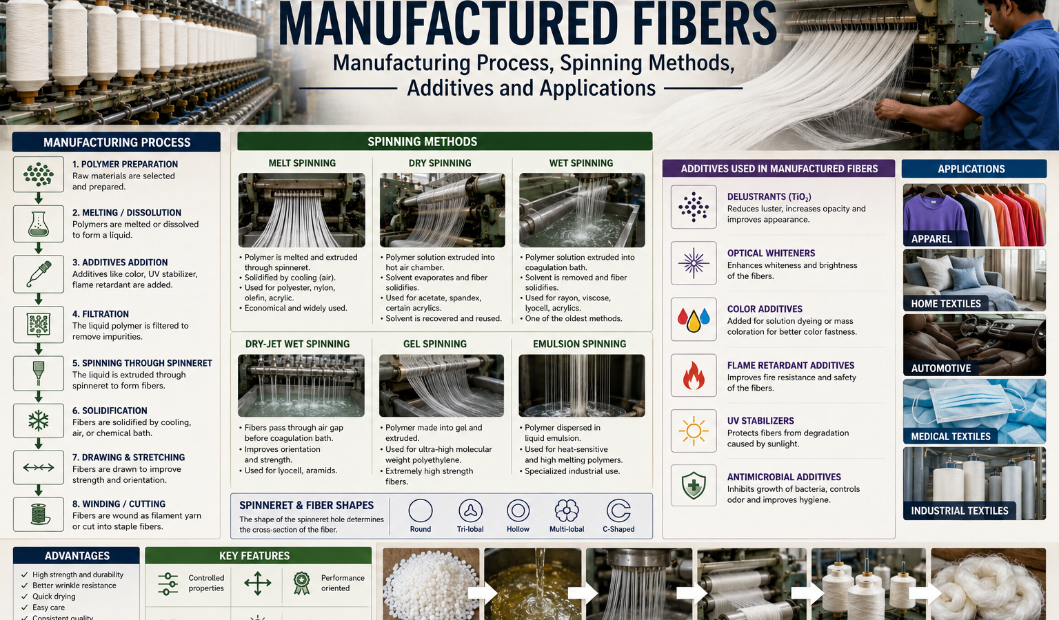 Manufactured Fibers: Manufacturing Process, Spinning Methods, Additives and Applications